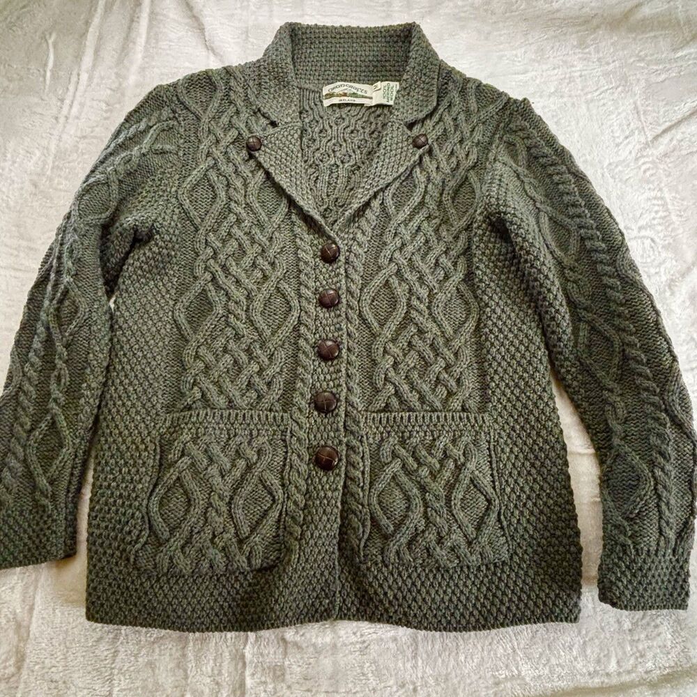 Aran Crafts Olive Green Cable-Knit Button Cardigan